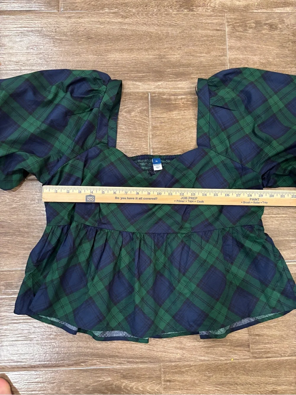 Old Navy & Green Plaid Puff-Sleeve Peplum Top Holiday Festive Sz XL Christmas